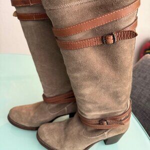 Frye Jane Tall Suede Strappy Harness Boots Women’s 7 Beige/Taupe Slouchy Western